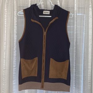 Navy blue hooded vest with brown faux suede